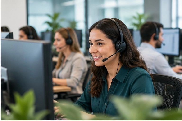 Medicare support agent assisting callers in a professional call center