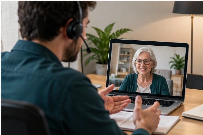 Advisor speaking with an older adult during a remote consultation